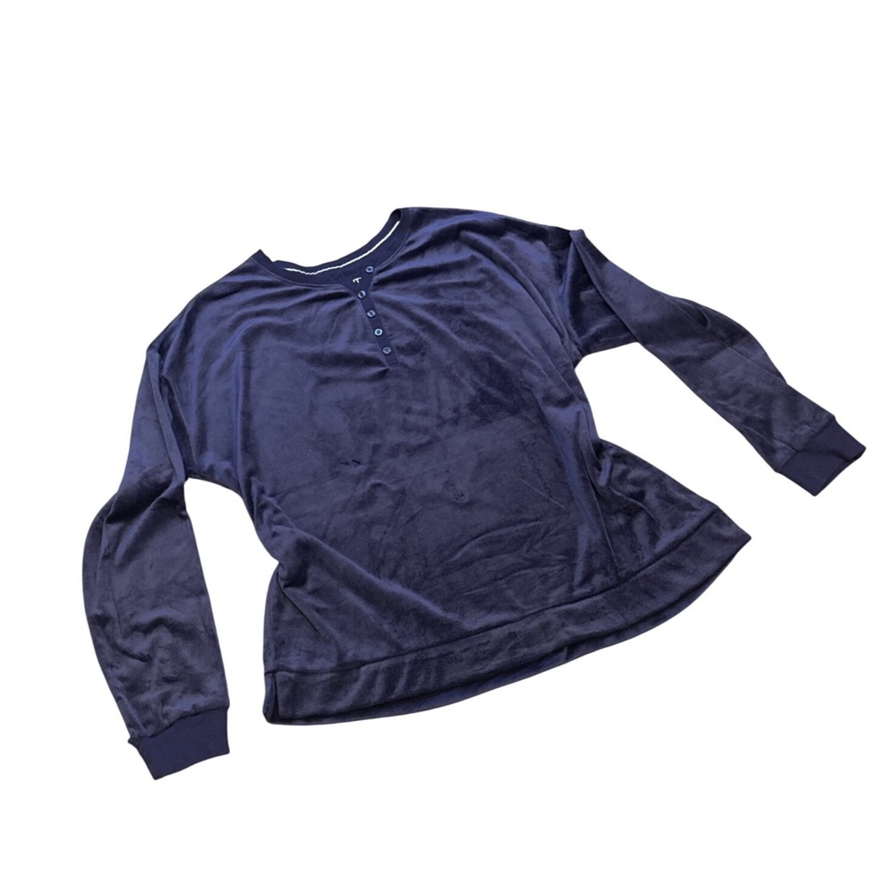 Nautica Mens Large Navy Blue Velour Henley Long Sleeve Lounge Shirt Top